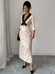 Elegant Blue Lace Long Sleeve Midi Dress with Statement Satin Bow