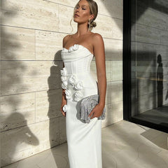 Echo White Strapless 3D Floral Midi Dress