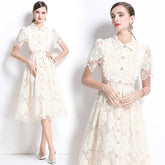 Fatma Elegant White Eyelet Lace Midi Dress