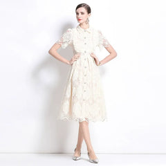 Fatma Elegant White Eyelet Lace Midi Dress
