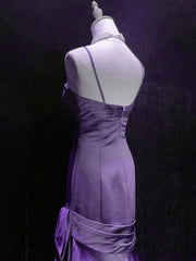 Vestido de noche largo con escote corazón y tirantes de sirena morado, vestido de fiesta de satén morado
