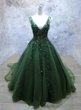 Green Beaded and Lace V-neckline Low Back Long Party Dresses