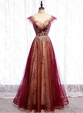 Vestido de fiesta de tul con apliques de encaje y mangas cortas color rojo vino