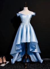 Light Blue Satin with Lace Applique High Low Homecoming Dress
