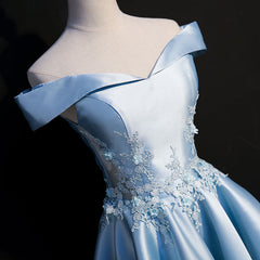 Light Blue Satin with Lace Applique High Low Homecoming Dress