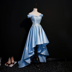 Light Blue Satin with Lace Applique High Low Homecoming Dress