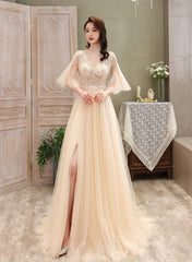 Light Champagne Tulle Slit Beaded Long Prom Dress