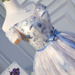 Light Pink Cute Short Tulle with Floral Lace Homecoming Dress