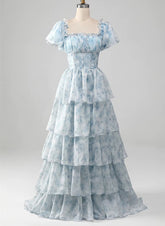 A-line Floral Blue Layers Scoop Short Sleeves Party Dress