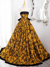 Gold Floral Satin Scoop Ball Gown Prom Dress with Bow