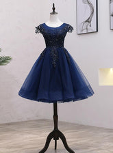 Navy Blue Tulle Beaded Knee Length Cap Sleeves Prom Dress