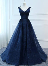Vestido de fiesta largo de encaje con escote en V azul marino y flores