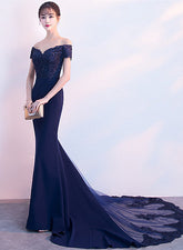 Beautiful Navy Blue Mermaid Lace Long Party Dress