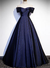 Navy Blue Satin Off Shoulder Long Prom Dress