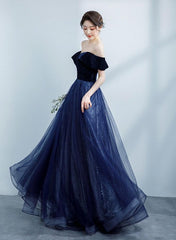 Navy Blue Off Shoulder Velvet Sweetheart Party Dress