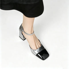 first-layer embossed cowhide color-matching bag head sandals thick heel square head one-word buckle Mary Jane shoes