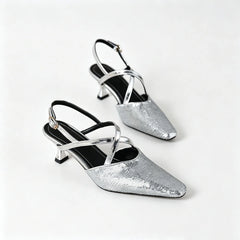 silver bag head sandals thin heel sequins cross strap banquet light mouth one-word buckle high heel sandals