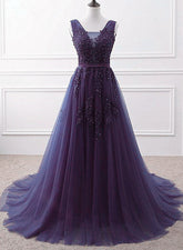 Purple Tulle Beaded Long Formal Party Dress