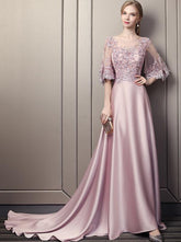Vestido de fiesta largo de satén suave rosa con top de encaje