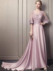 Vestido de fiesta largo de satén suave rosa con top de encaje
