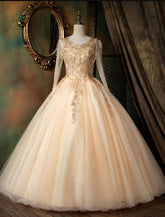 Hermoso vestido formal de manga larga en color rosa perla con apliques de encaje