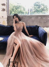V-neckline Pink Beaded Tulle High Slit Straps Formal Dress