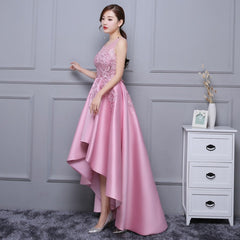 Beautiful Pink High Low Satin and Lace Homecoming Dress