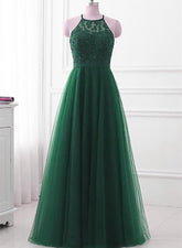 Dark Green Cross Back Tulle Halter Long Party Dress