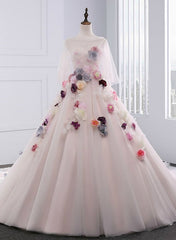 Light Pink Tulle Ball Gown Formal Dress with Flowers