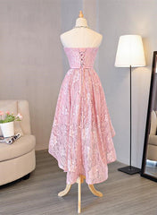 Cute Pink High Low Lace Scoop Homecoming Dress