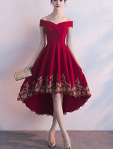 Red High Low Party Dress with Gold Applique