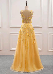 Vestido de fiesta largo de tul con flores amarillas