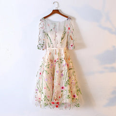 Light Champagne Knee Length Floral Party Dress