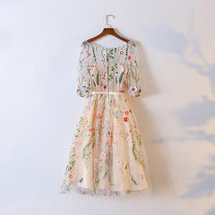 Light Champagne Knee Length Floral Party Dress
