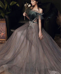Beautiful Tulle and Velvet Off Shoulder Long Prom Dress
