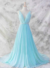 Vestido de noche largo sexy de gasa azul claro sin espalda