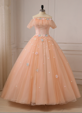Pink Ball Gown Off Shoulder Tulle Sweet 16 Dress with Flowers