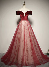 A-line Red Tulle and Velvet Off Shoulder Long Prom Dress