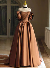 A-line Brown Satin Off Shoulder Scoop Long Prom Dress