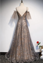 Champagne A-line Straps Lace Low Back Prom Dress