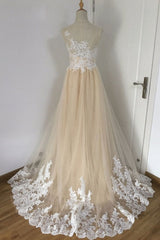 A-line Champagne with White Lace Round Neckline Party Dress