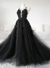 Black Tulle Party Dress with Lace Long Prom Dress