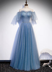 Vestido de fiesta encantador de tul azul claro con mangas abullonadas y largo hasta el suelo
