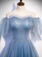 Vestido de fiesta encantador de tul azul claro con mangas abullonadas y largo hasta el suelo