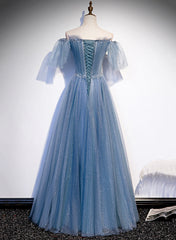 Vestido de fiesta encantador de tul azul claro con mangas abullonadas y largo hasta el suelo