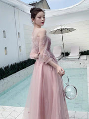 Charminig Pink Tulle Long Sleeves Round Neckline Party Dresses