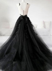 Black Tulle Party Dress with Lace Long Prom Dress