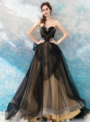Black and Champagne Tulle Long Party Dress