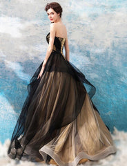 Black and Champagne Tulle Long Party Dress