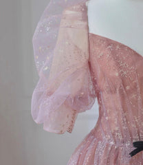 Pink Tulle Beautiful Puffy Sleeves Long Prom Dress